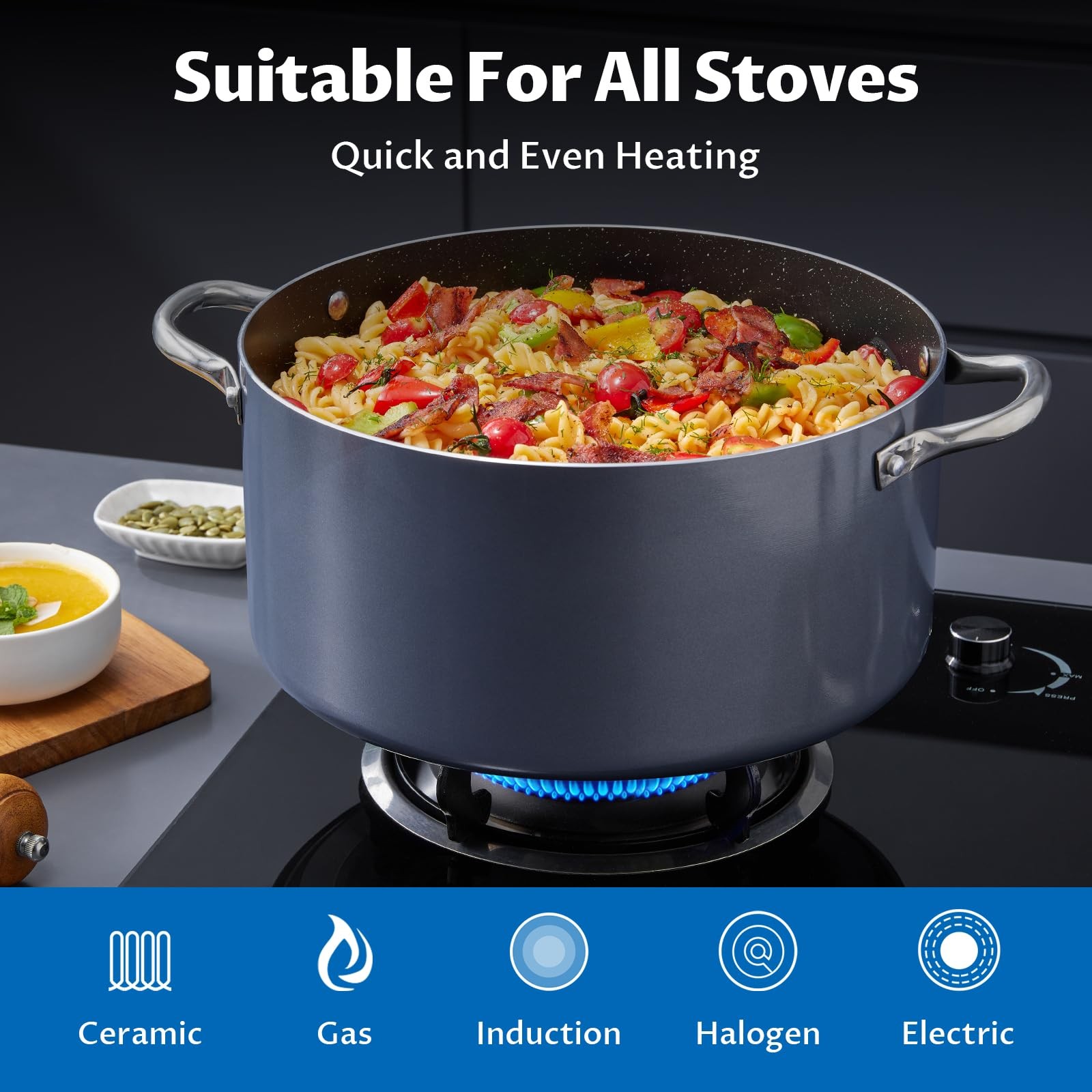 6 Quart Grey Non Stick Stock Pot, Lid, Aluminum Soup, Stew Pot, Induction