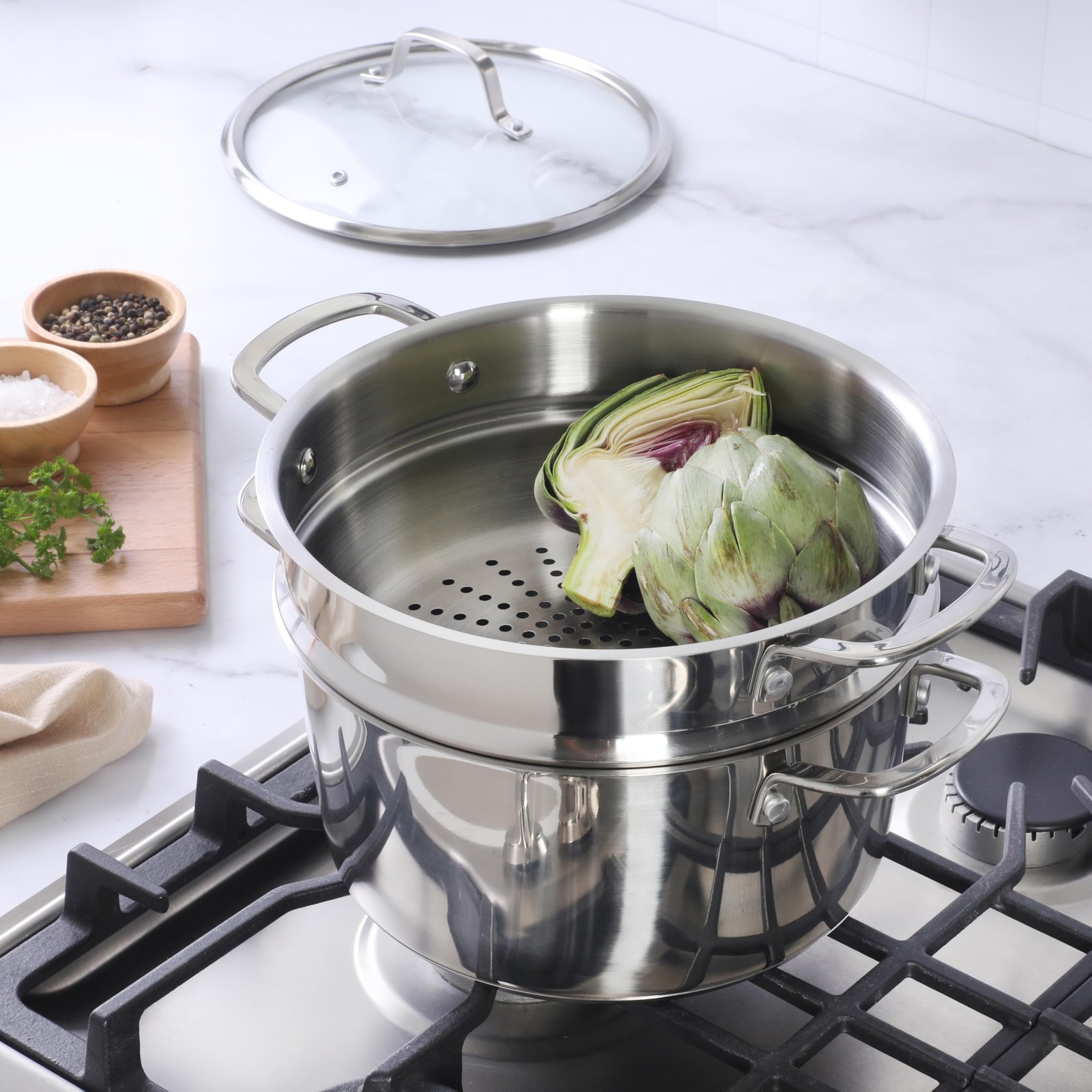 Sur La Table Chef’s Deck 3-Pc 5.3Qt Stainless Dutch Oven Steamer Glass Lid