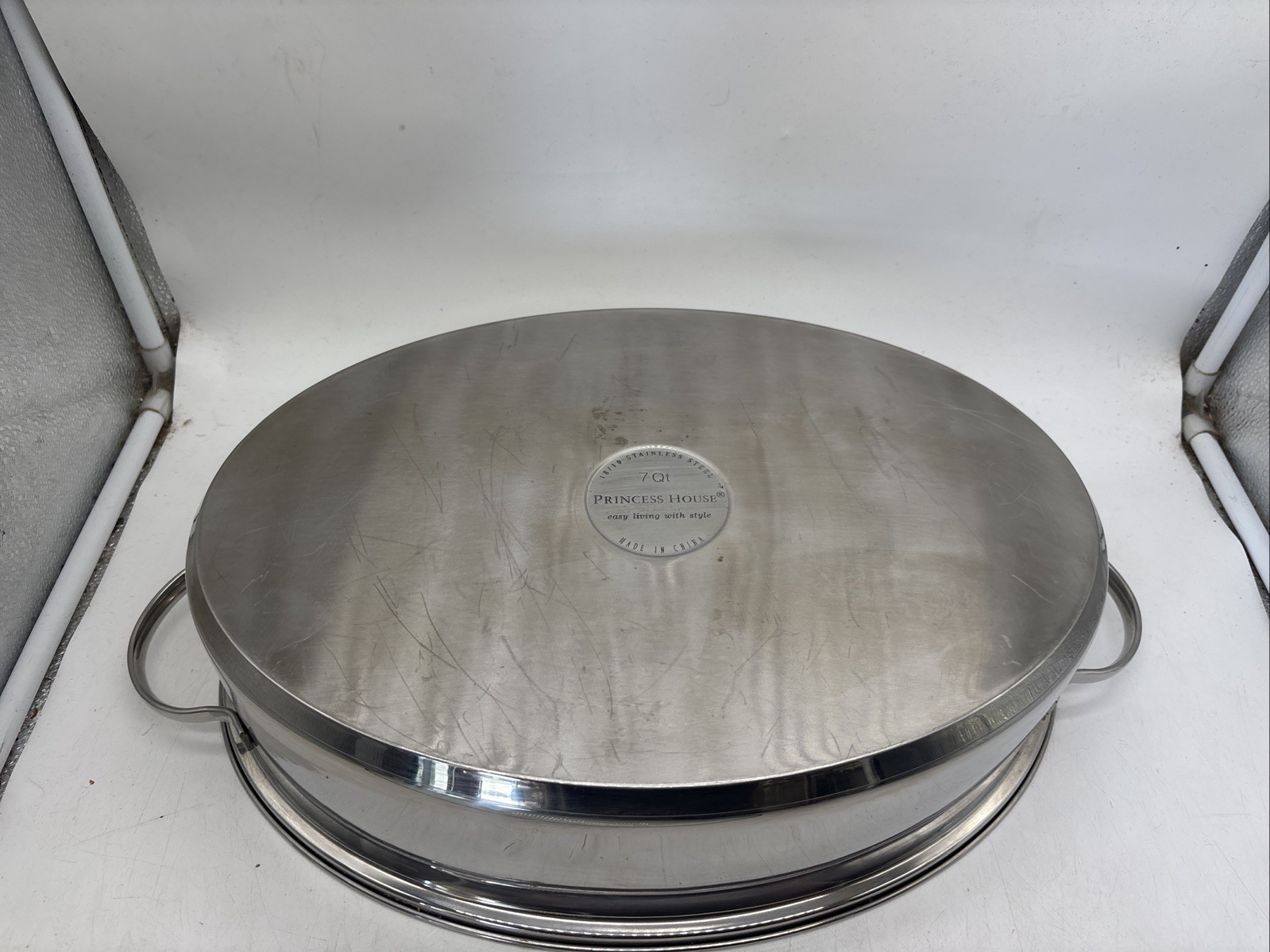 Princess House 18/10 Stainless Steel 7Qt Large Oval Roaster Pot Etched Glass Lid