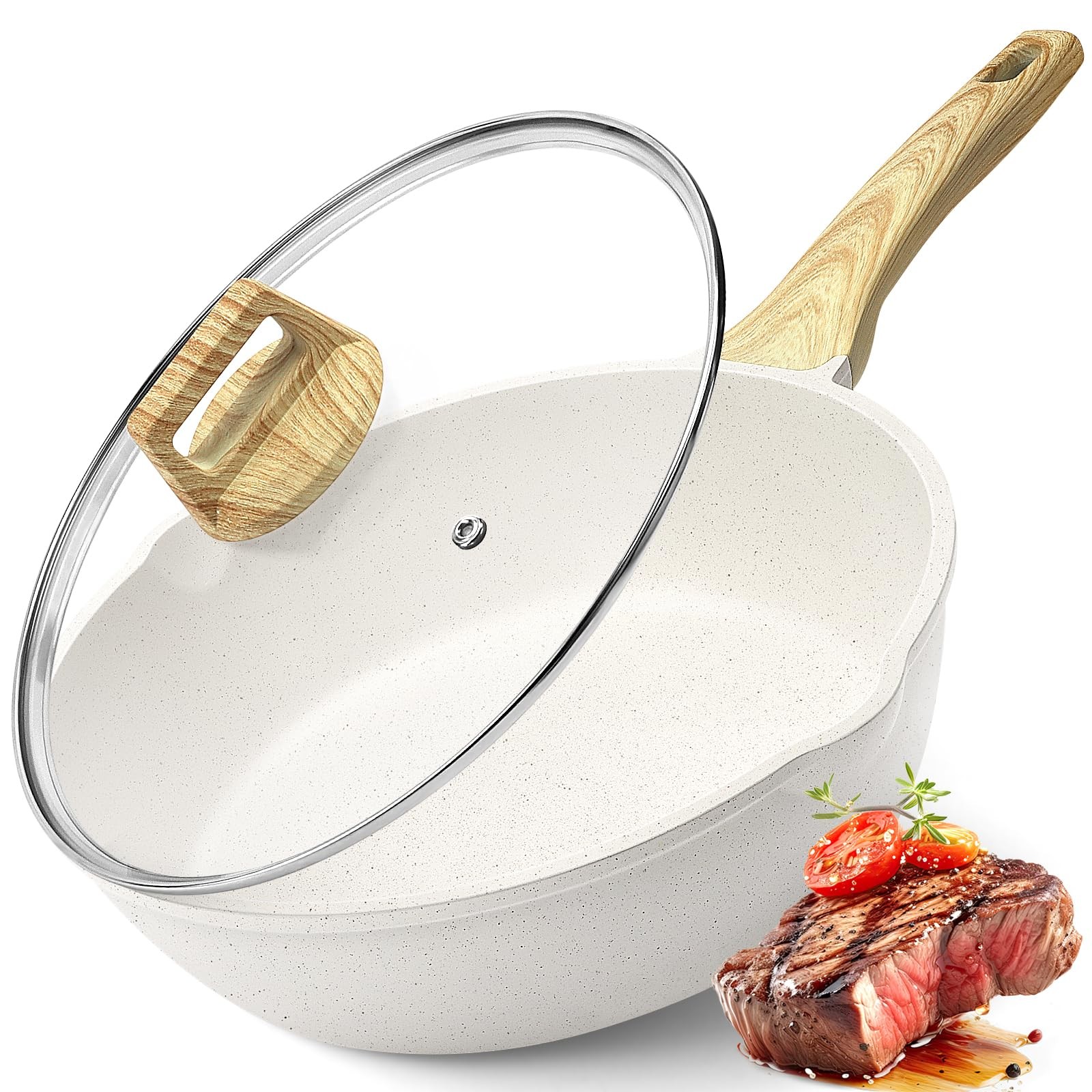 11 Inch Deep Frying Saute Pan with Lid Granite Induction Woking White 4.5Qt
