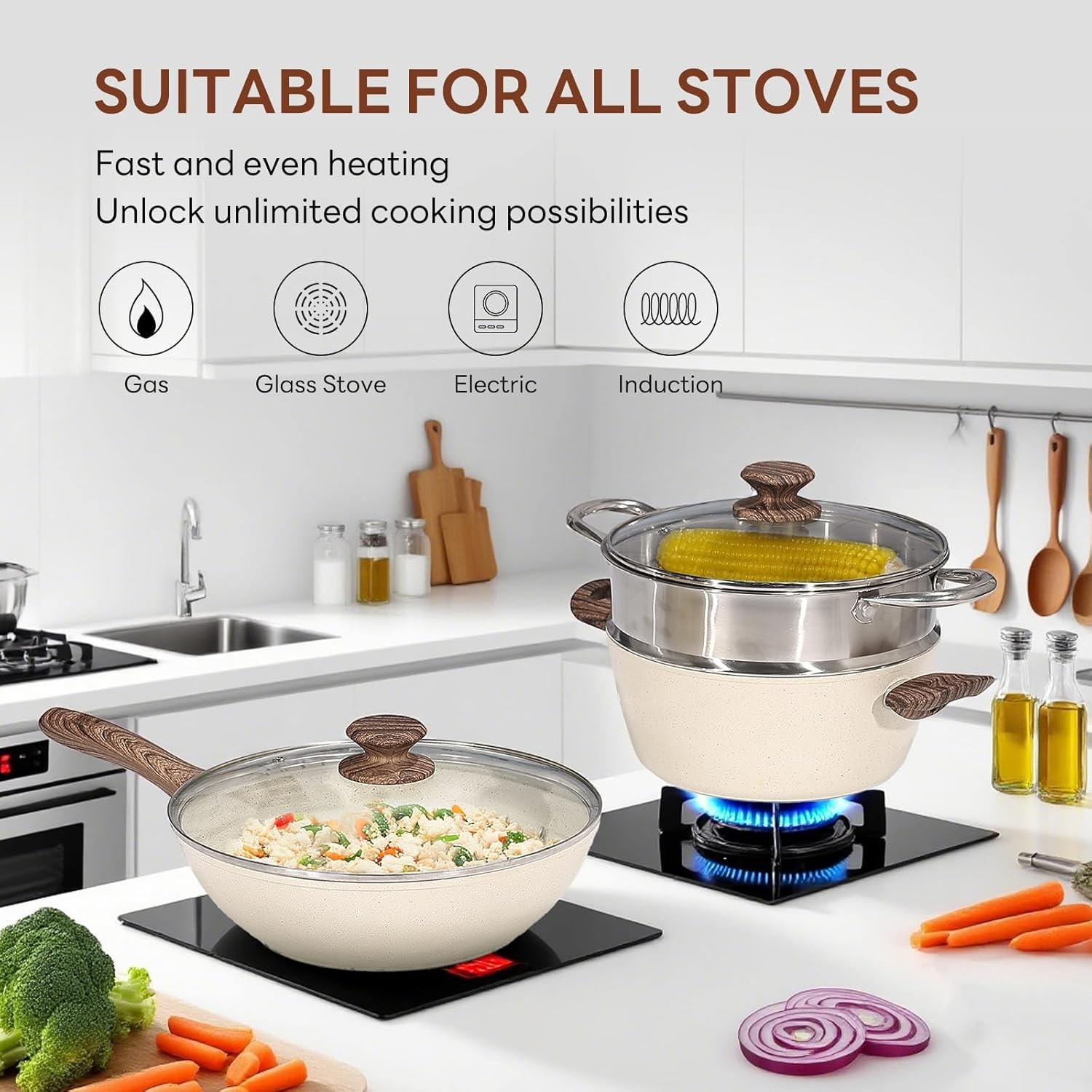 17 Pcs Nonstick Pots & Pans Non-toxic Kitchen Cooking Set with Stay-Cool Handles