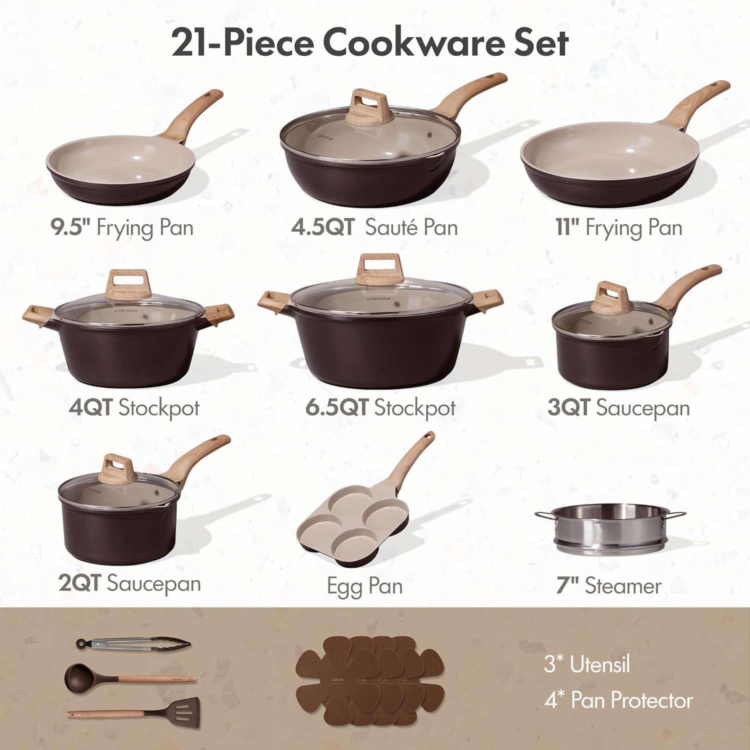 21 PCS Ceramic Cookware Set, Pots and Pans Set Non Stick, Pot and Pan Set with F
