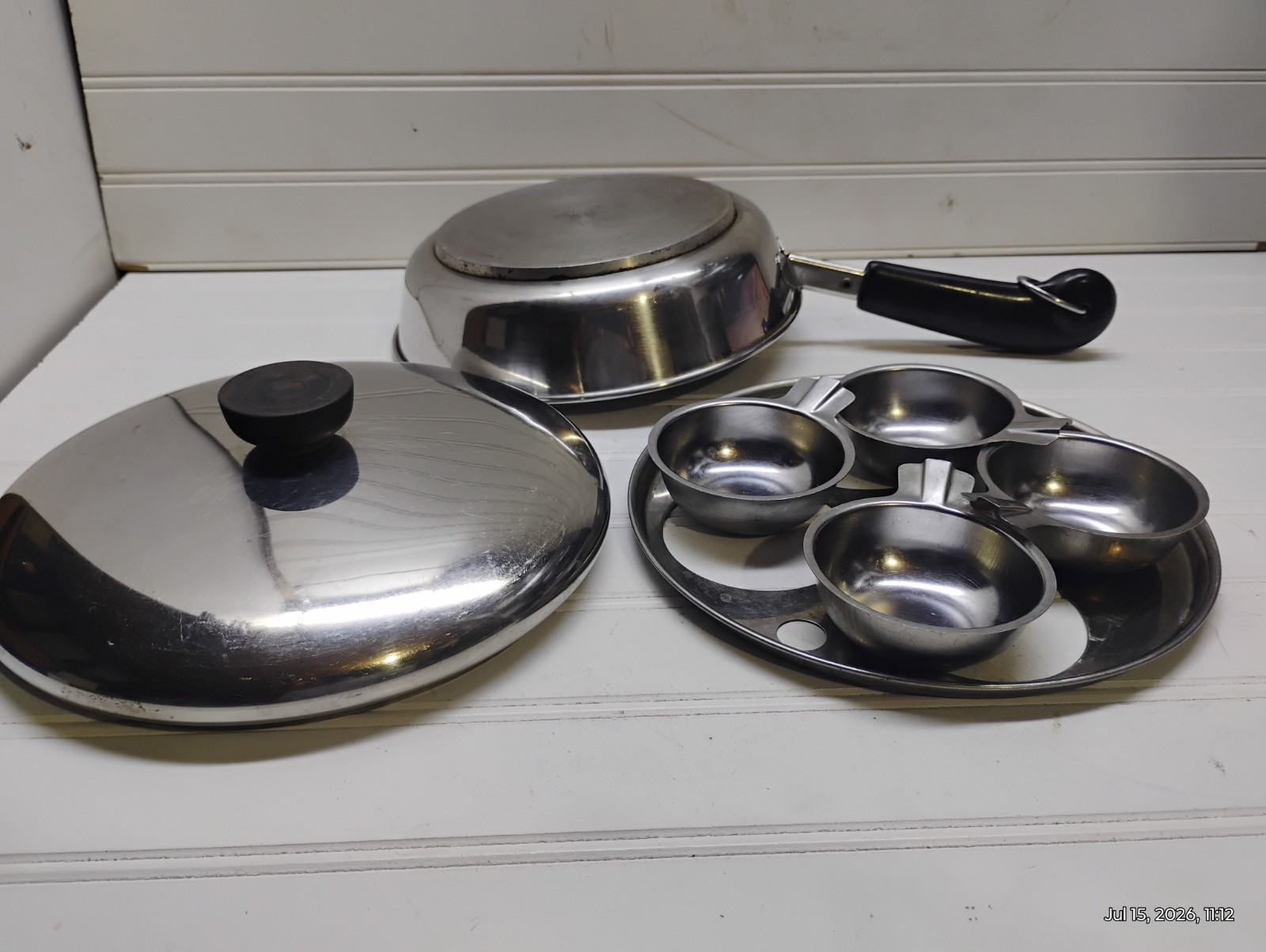 Revere Ware 8″ Skillet Tri-Clad Stainless 4 Cup Egg Poacher Insert Ring & Lid