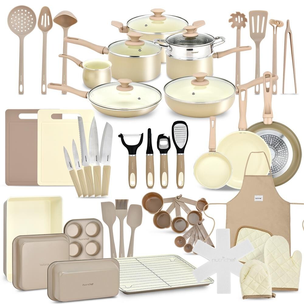 NutriChef 54 Pcs. Home Kitchen Cookware, Kitchen Tools, Bakeware Set-Taupe Brown