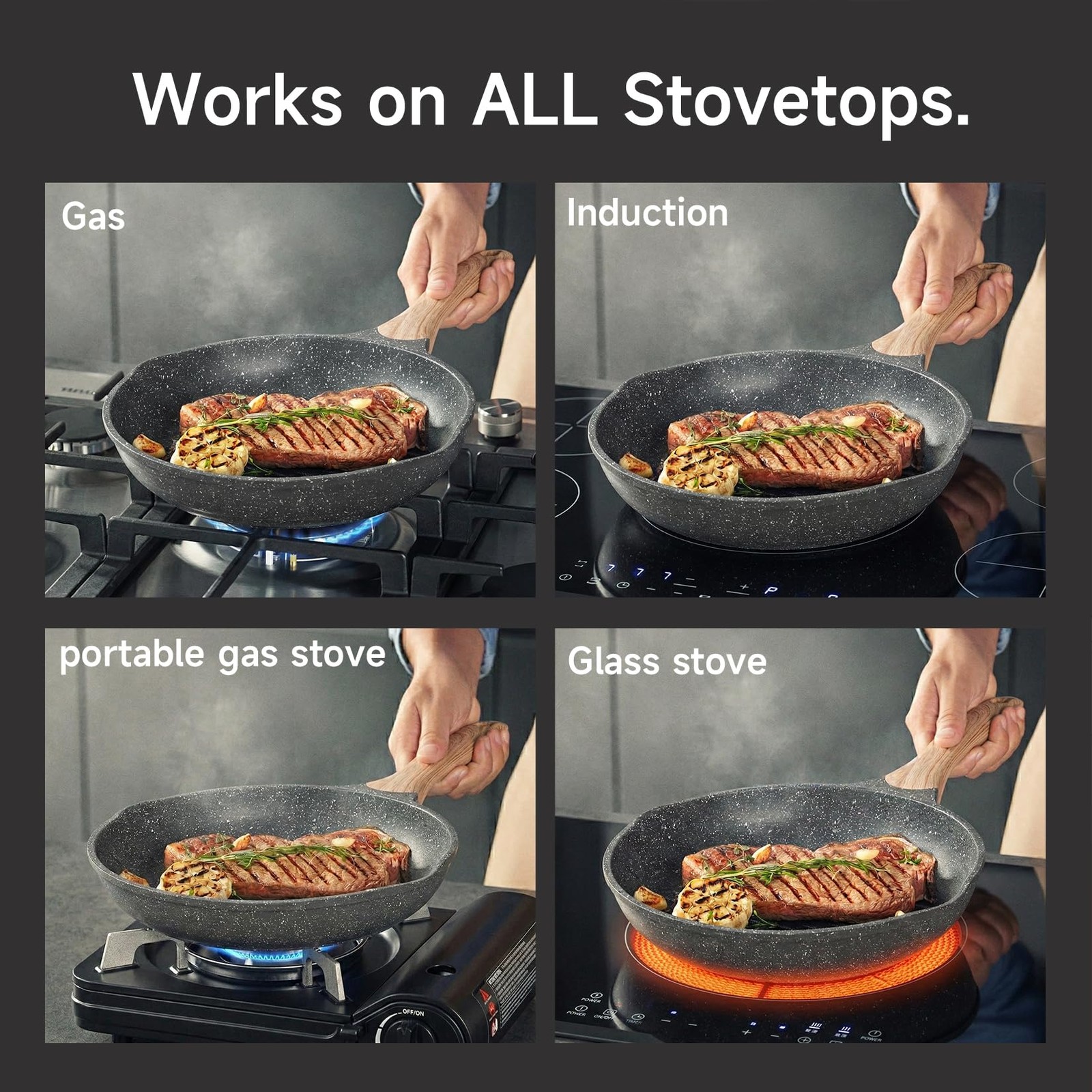 10 Inch Grey Nonstick Frying Pan Granite Stone Coating Skillet Soft Handle