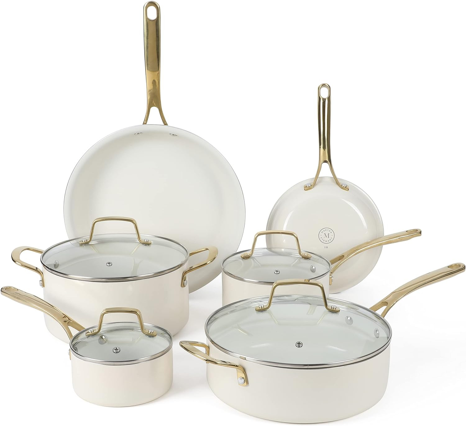 Premium Nonstick Ceramic 10-Piece Cookware Set – Linen White & Gold Handles