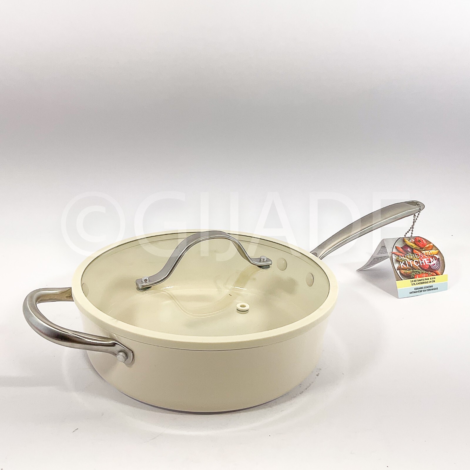 Authentic kitchen Non-Stick Ceramic 2.8-qt Sauté Pan Frying Beige & Silver New