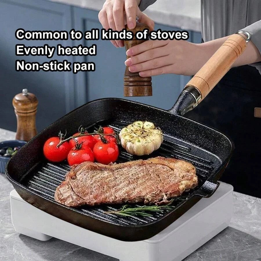 Cast Iron Grill Pan Steak Frying Skillet Wooden Handle BBQ Camping Kitchen