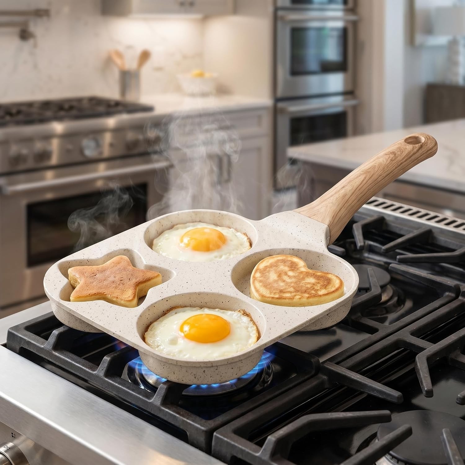 Non Stick 4-Cavity Egg Frying Pan with Heart & Star Shapes, 7.5 Inch Granite
