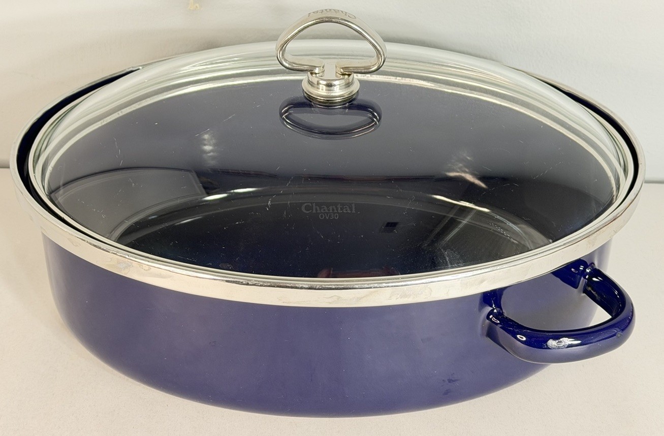 Chantal Enamel On Steel Blue Roaster Pan Dutch Oven Oval Dome w/ Glass Lid OV30