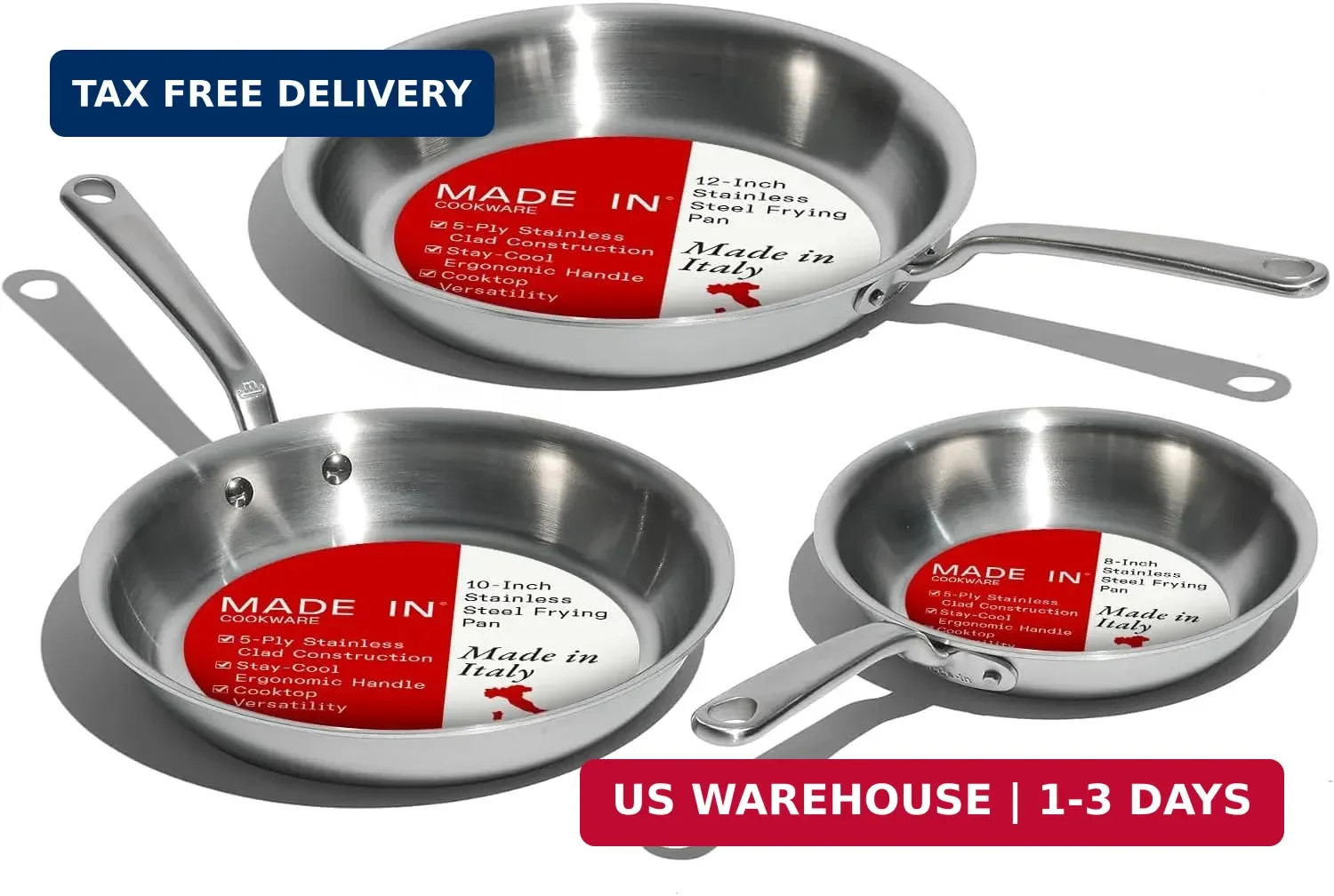 Made In Cookware | 3-Piece (Includes 8″,10″,12″) Stainless Frying Pan Set | 5 Pl