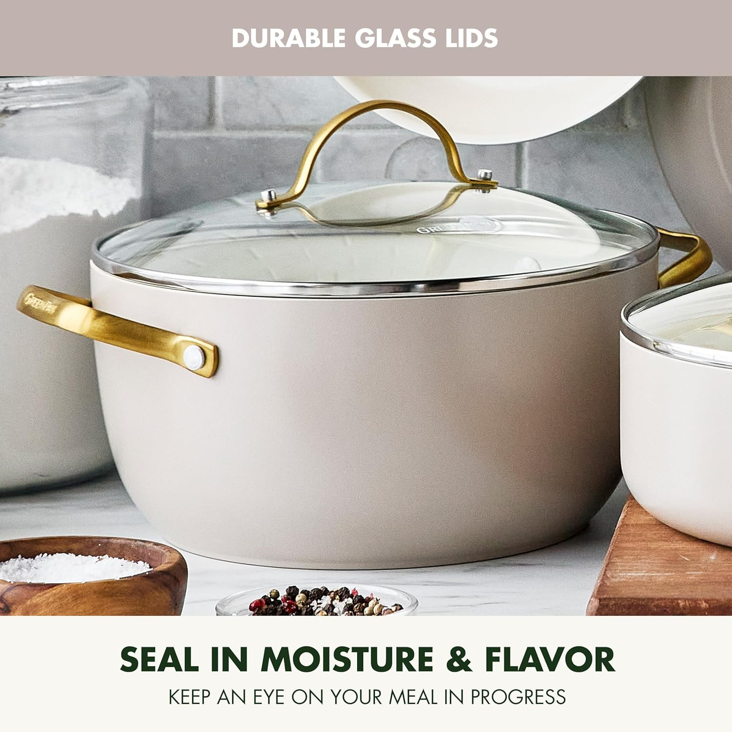 10-Piece Non-Toxic Cookware Set with Gold Handles & Glass Lids – Taupe Brown