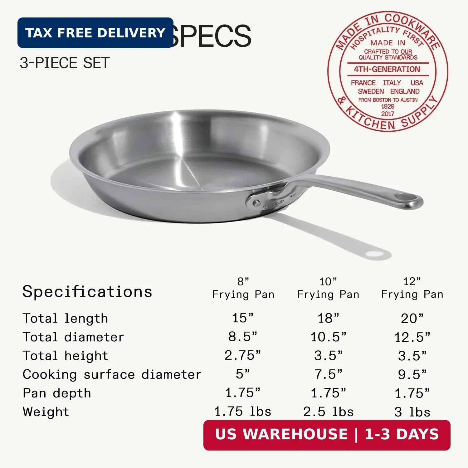 Made In Cookware | 3-Piece (Includes 8″,10″,12″) Stainless Frying Pan Set | 5 Pl