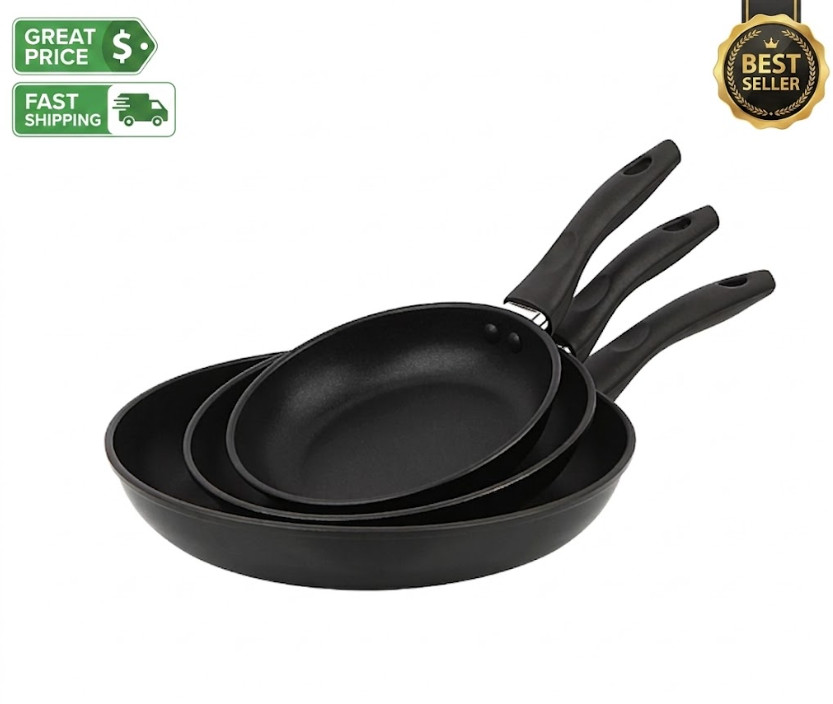 3 Piece Nonstick Aluminum Skillet Set Black Finish Cookware Collection
