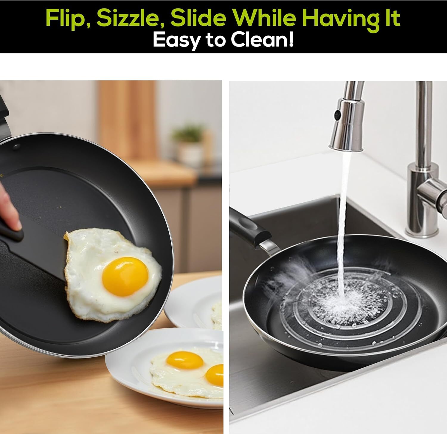 Non-Stick 3-Piece Skillet Set, 8, 9.5 and 11-Inch Skillets with Handles, Gray