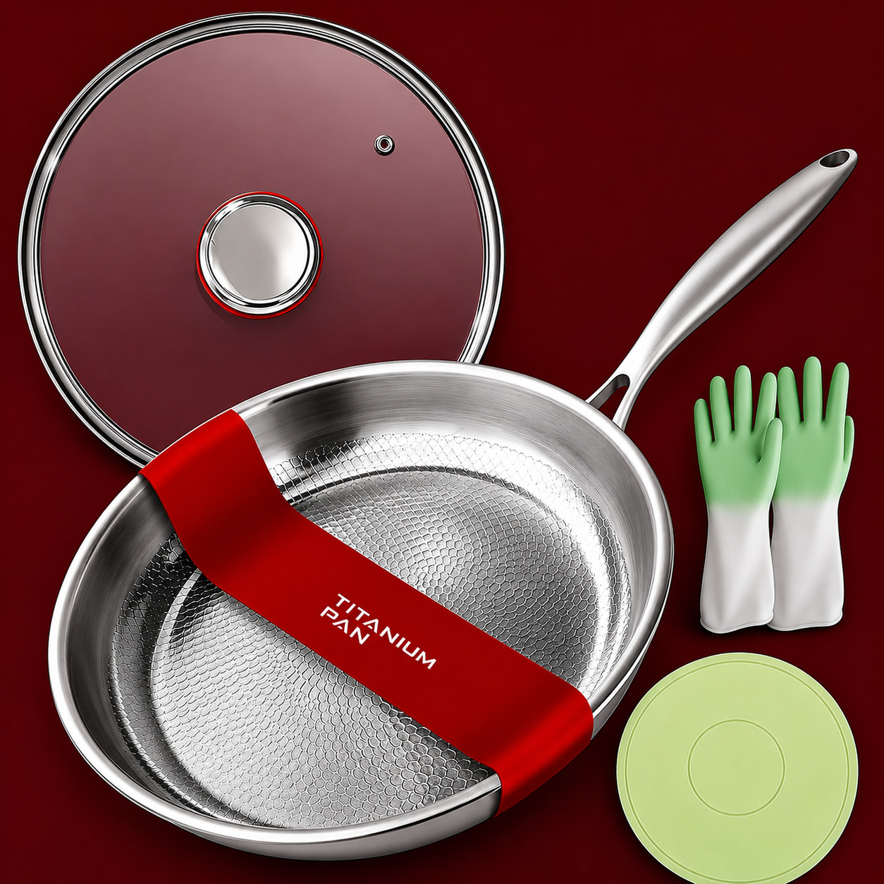 Titanium Hammered Frying Pan 12in Non Coated Cookware w Lid