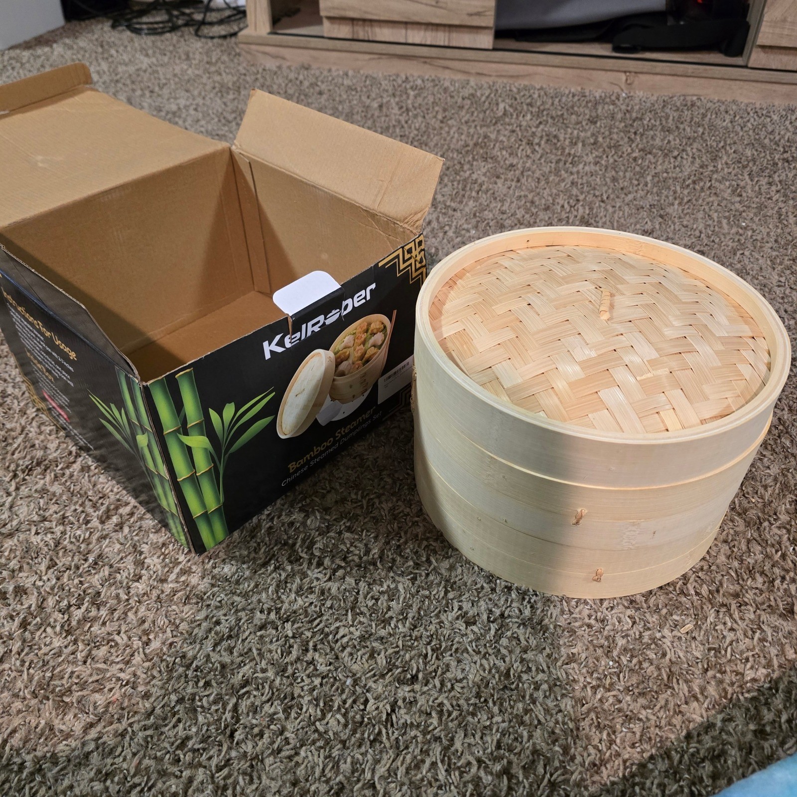 KelRober 10 Inch Bamboo Steamer Set 2 Tier Chinese Dumpling Dim Sum Basket New