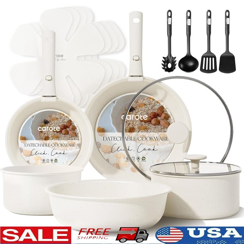 17 Piece Nonstick Cookware Set Removable Handle Easy Clean Stackable Pans New