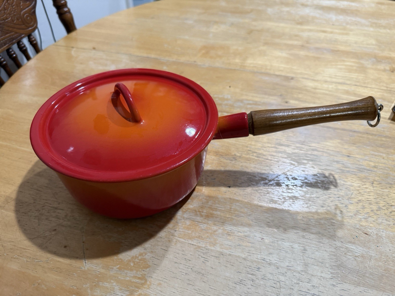 Descoware Orange Enamel Cast Iron Saucepan with Lid & Wooden Handle, 7in x 3in