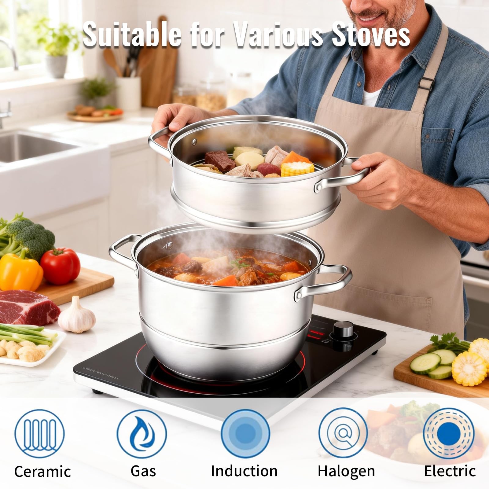 2-Tier Stainless Steel Induction Steamer Pot (30cm/11.8Inch) – Large Food Ste…