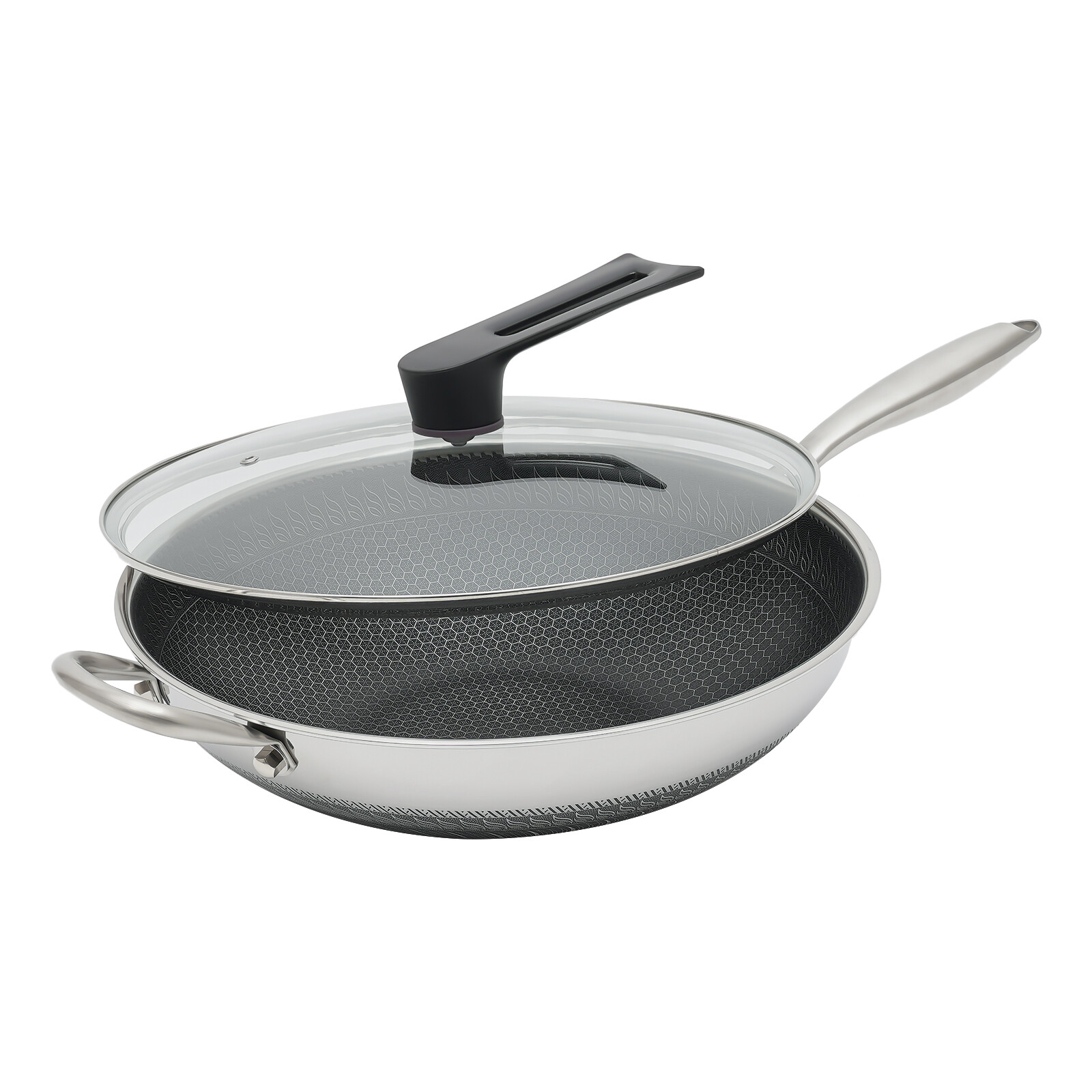 Non Stick Double Sided Honeycomb Cooking Frying Wok Pan with Lid Stainless Steel