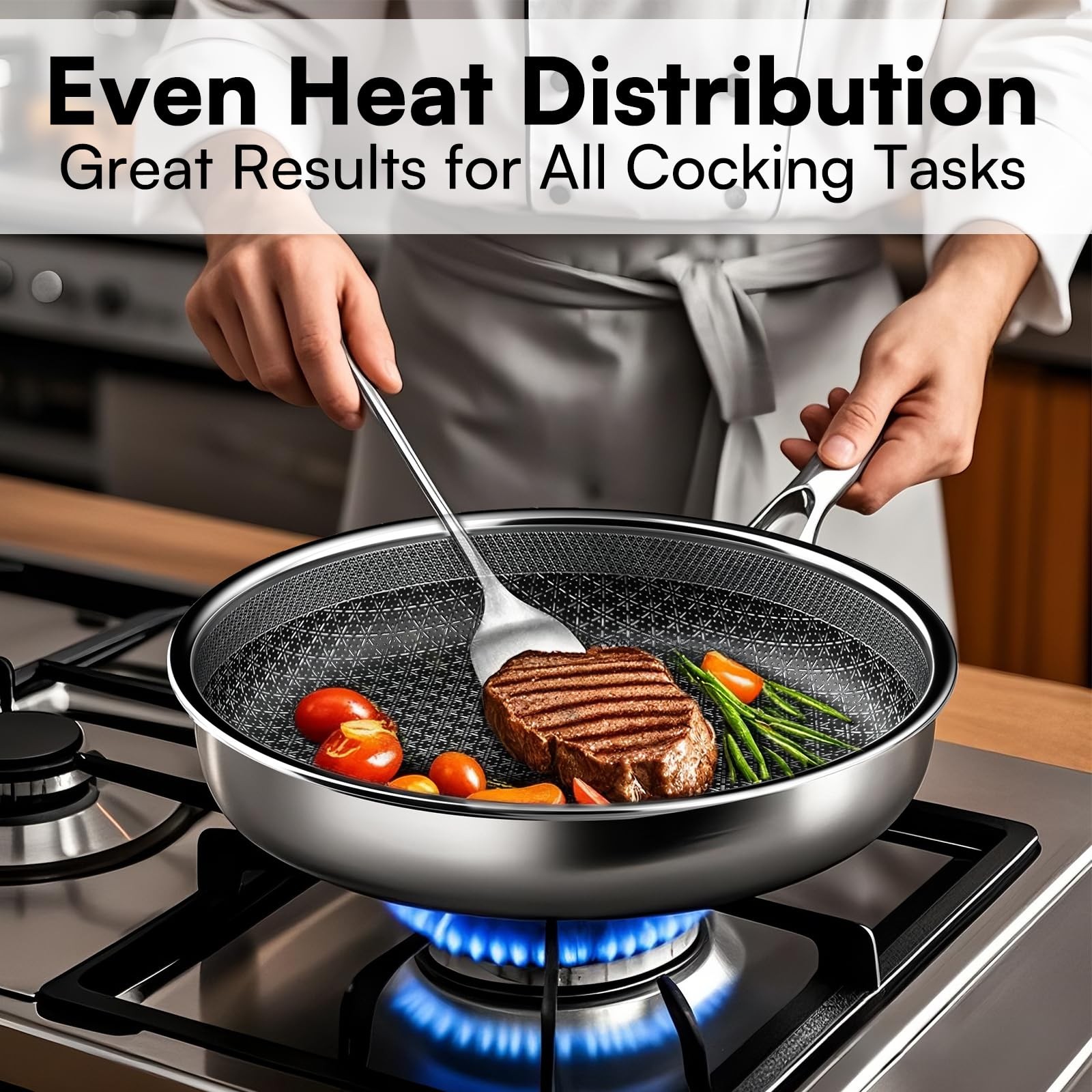 KURRUNGIE Non Stick Frying Pans with lid, 12 inch Hybrid 12-inch, Silver