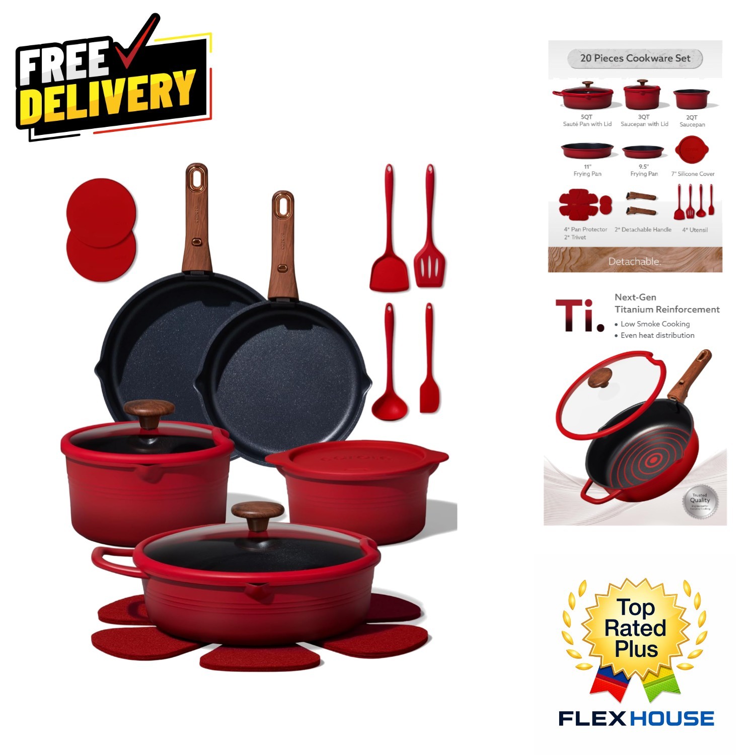 Versatile 20-Piece Non-Toxic Cookware with Detachable Handle for Easy Storage
