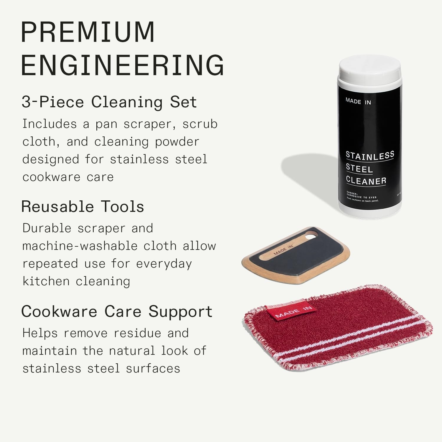 Cookware – 3 Piece Stainless Steel Cleaning Set | Includes Pan Scraper Scrub