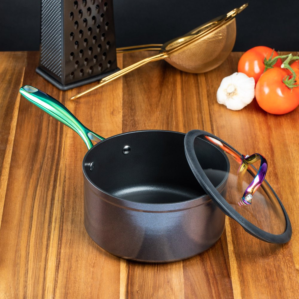 Non-Stick Rainbow Sauce Pan with Glass Lid Simmering Whisking Kitchen Tool 2.5Qt