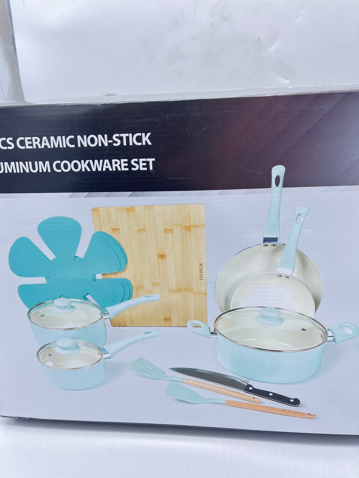 HAWOK 15 Piece Ceramic Non-stick Aluminum Cookware w/ Glass Lids PFAS-Free -NEW