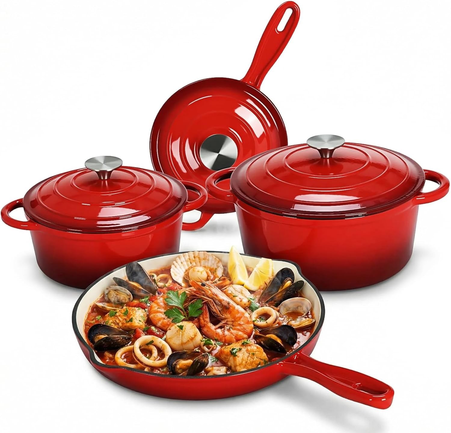 Nonstick Enameled Cast Iron Cookware Set,7Pcs Dutch Oven Set,PFOA & PFAS Free