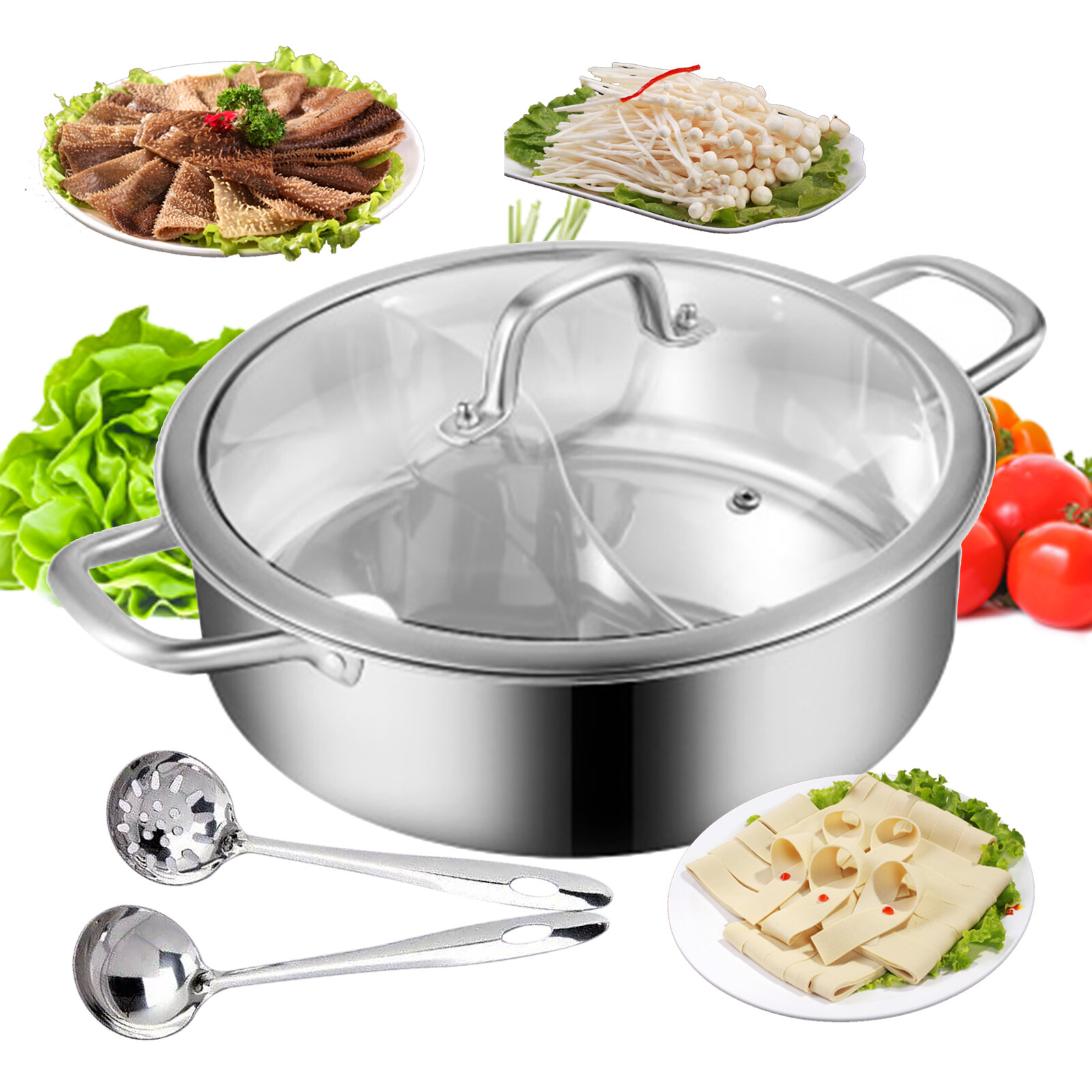 Stainless Steel Shabu Dual Sided Divider Cooking Soup Hot Pot Cookware with Lid