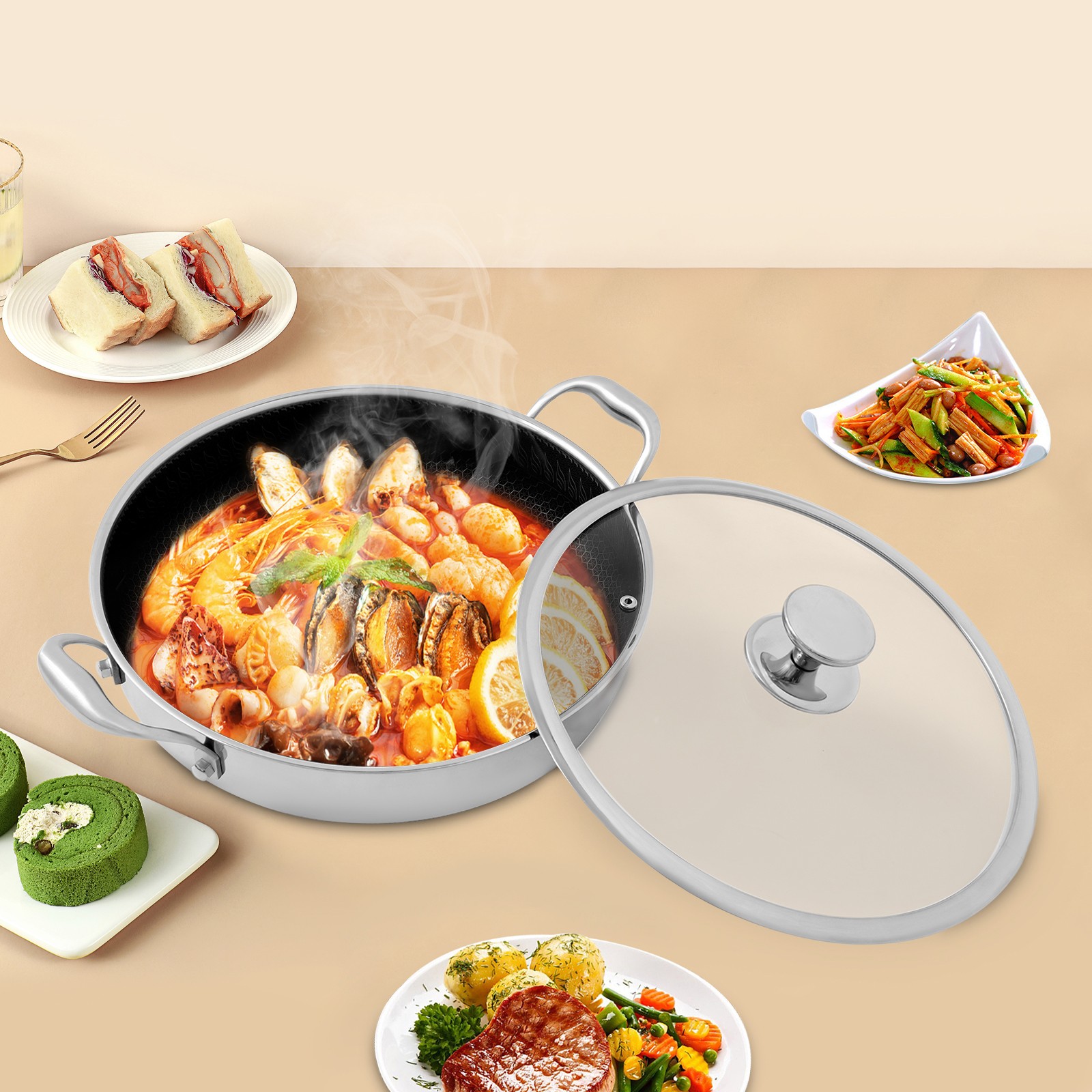 Flat-Bottomed Frying Pan with 2 Handle, Kitchen Round Flat-Bottomed Frying Pan