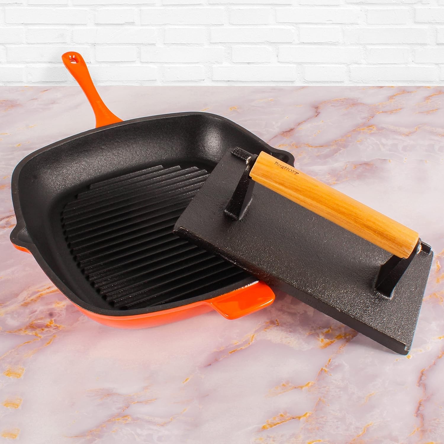 Neo 2Pc Enameled Cast Iron Grill Set Grill Pan 11 inches Bacon/Steak Press 8