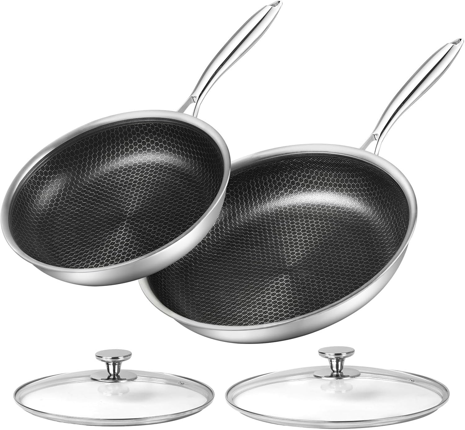 Stainless Steel Frying Pan Set with Lid 10″ and 12″ Nonstick Honeycomb Coatings