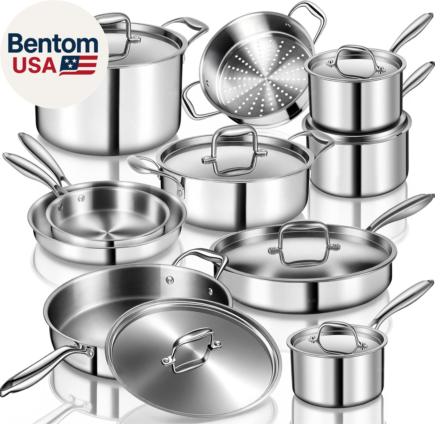 Stainless Steel Cookware Set, 3 Ply 17 Piece Stainless Steel Pot and Pan Set, Ov