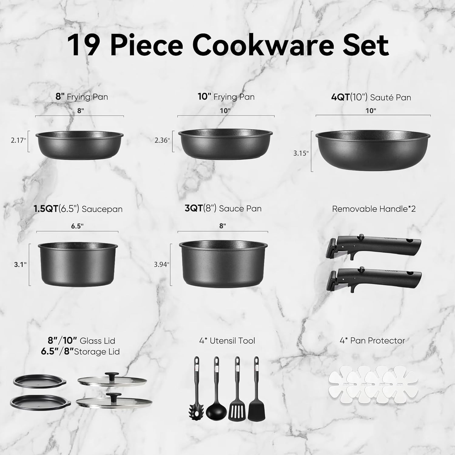 19-Piece Non-Stick Cookware Set with Detachable Handle – Ideal for All Cooking