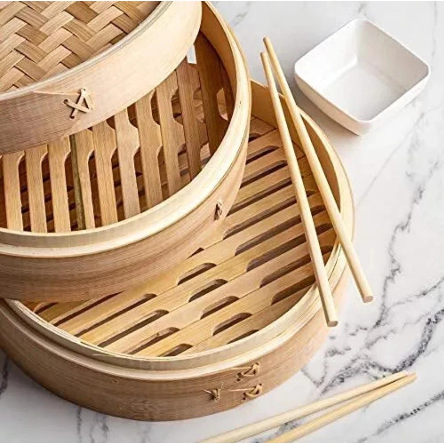Traditional 10 Inch Bamboo Steamer Basket 2 Tier for Dumplings Buns Vegetables