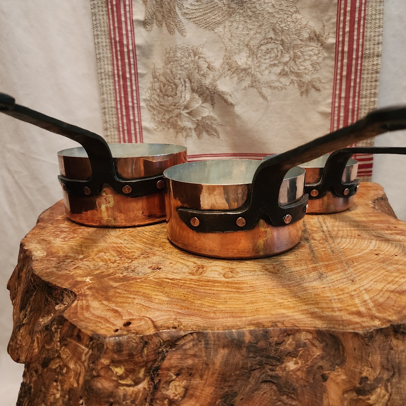 Antique Five Piece Set of Copper Saucepans 12-20cm 4.75-8 inch diameters 9.5lb