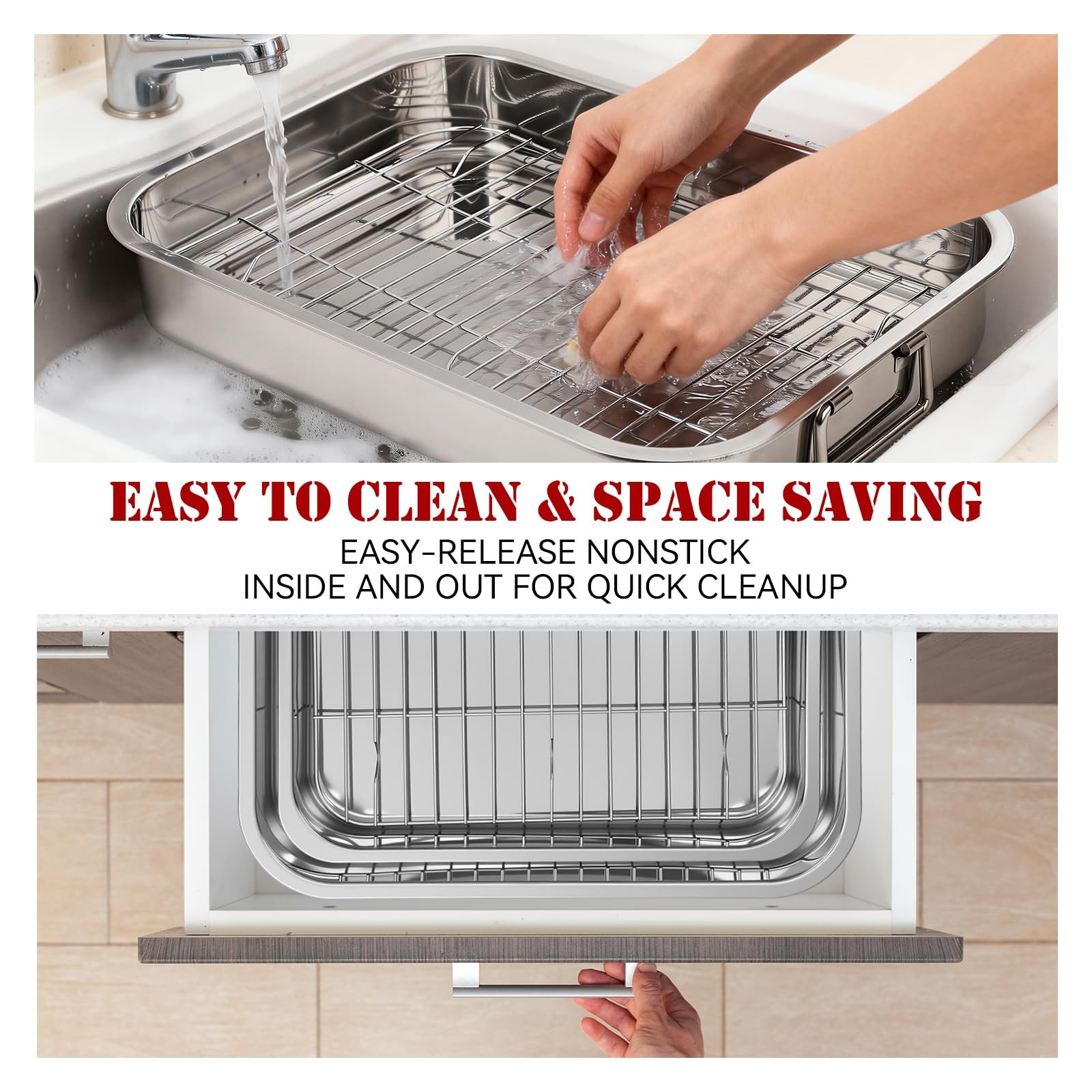 2 Set Stainless Steel Roasting Pan with Rack and Handle for Oven Roasting Pan…