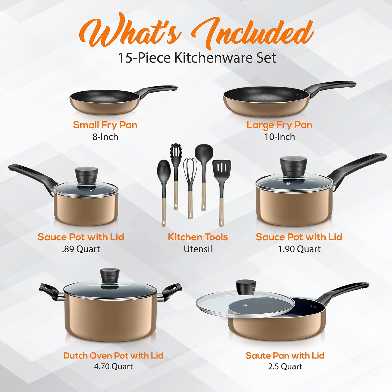 SereneLife 15-Piece Cookware Set – Pots & Pans, Gold, Black Non-Stick