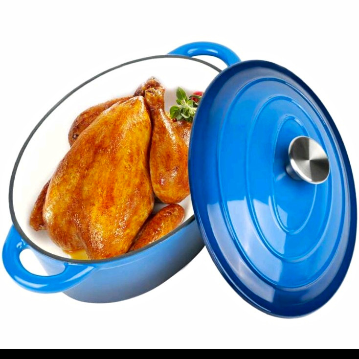 Cast Iron 5 Qt Dutch Oven w/ Lid, Enamel Coated Blue Oval Double Handle