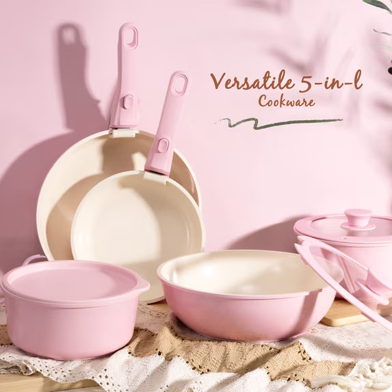 20-Piece Ceramic Pots and Pans Set, Nonstick Cookware Set with Detachable PINK