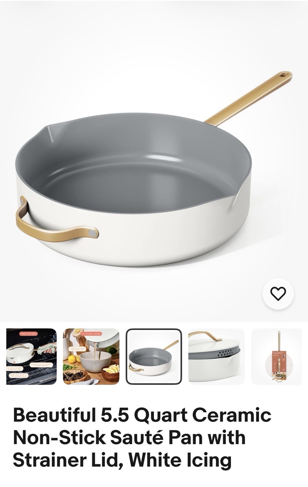 Beautiful 5.5 Quart Ceramic Non-Stick Sauté Pan with Strainer Lid, White Icing