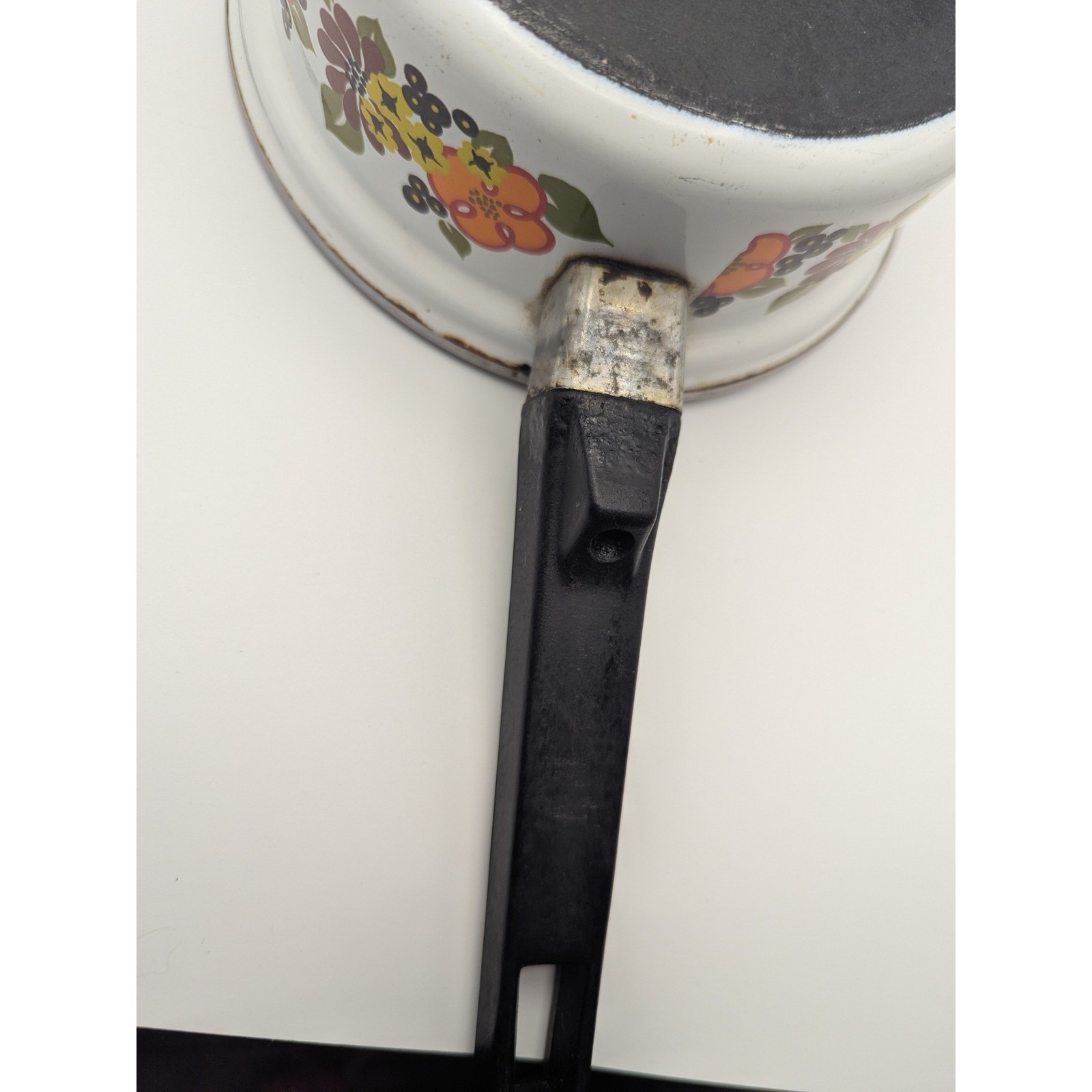 Vtg 1970s Austria Email Enamel Saucepan Floral Print White Orange Brown Retro