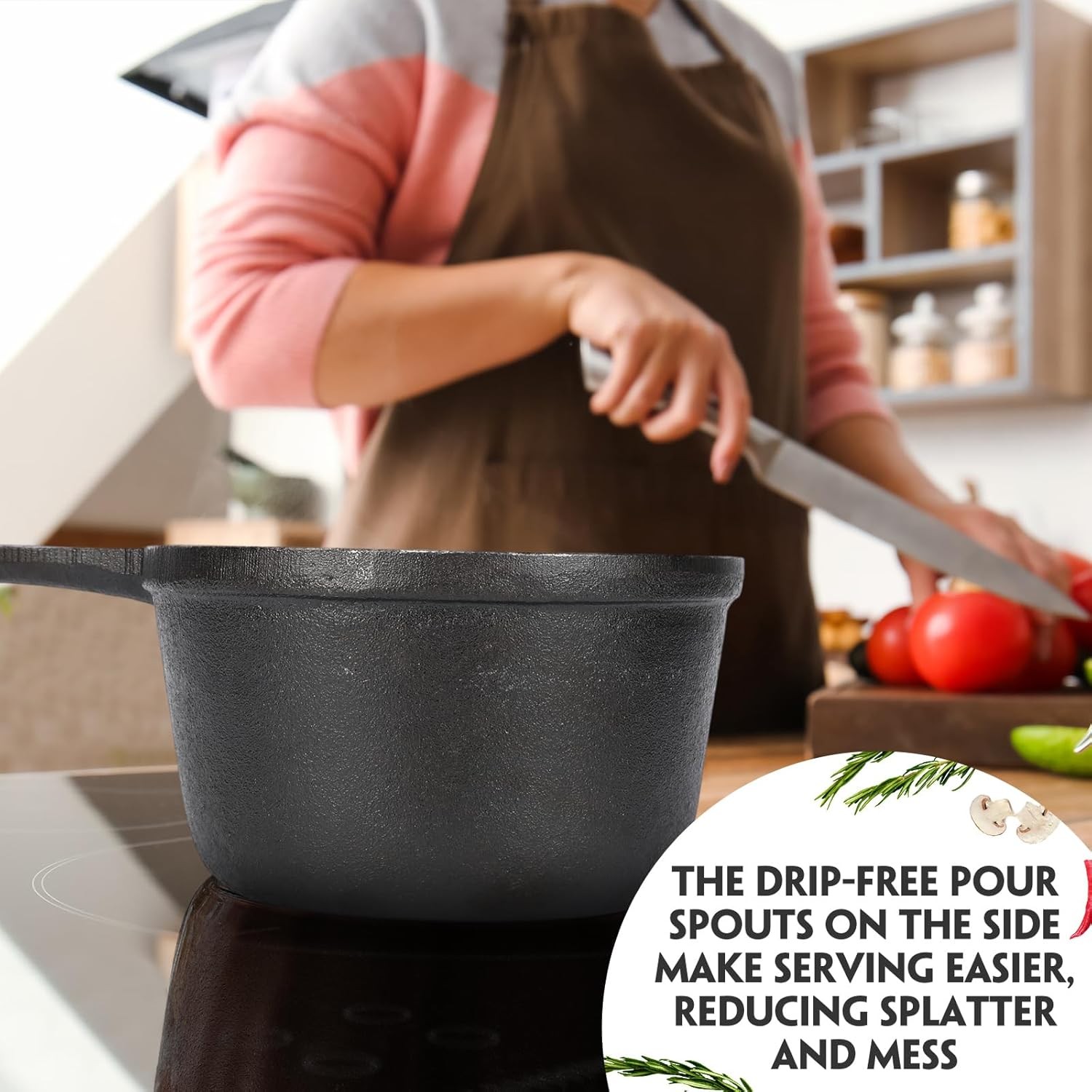 2 Pcs Cast Iron Sauce Pan 1.2 Quart Basting Pot with Handle Small Pre-seasoned