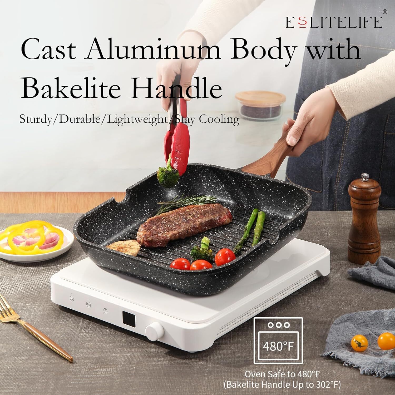 ESLITE LIFE 11 Inch Nonstick Grill Pan with Lid for 11″ w/Lid & Tongs, Black