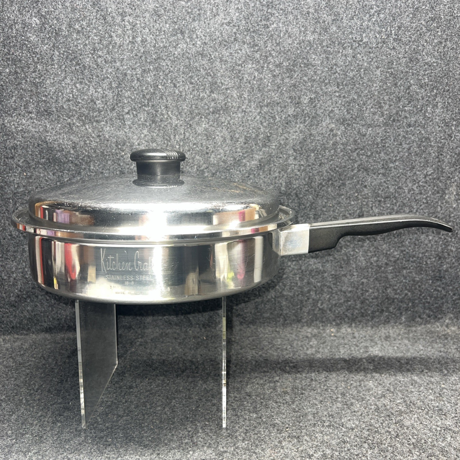 Vintage Kitchen Craft 9 1/2 in Sauté Pan With Lid 3 Ply 18-8 USA