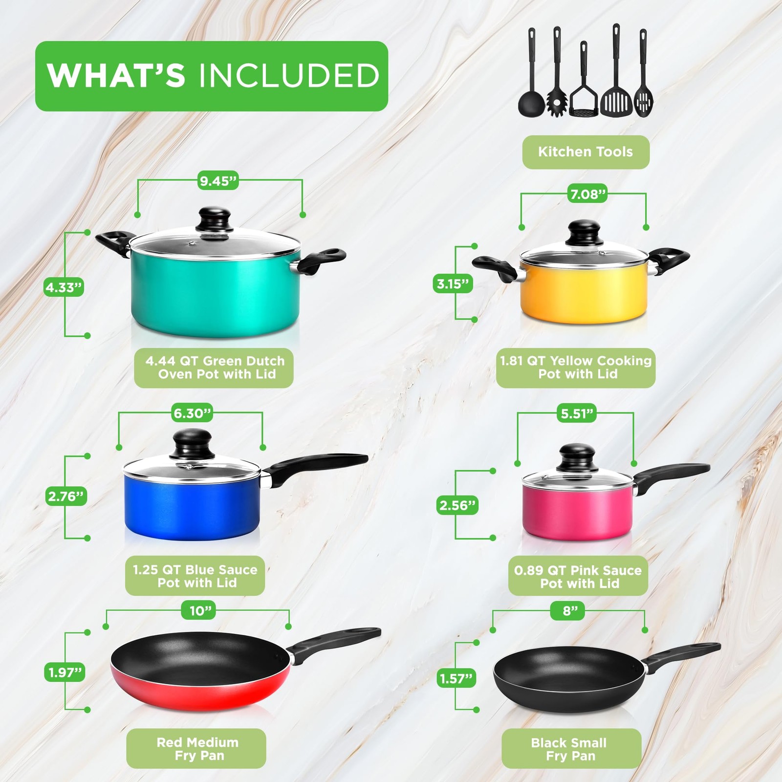 Nutrichef 15-Piece Non Stick Kitchen Cookware Set Pfoa/Pfos-Free Colorful Heat