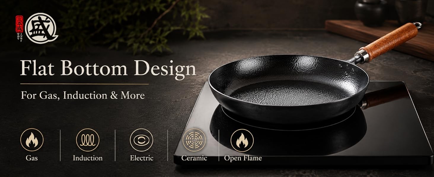 11-Inch Japanese Iron Skillet, Flat Bottom | No synthetic coating, hammered iron